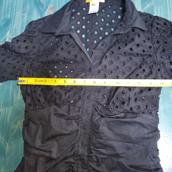 Long Sleeve Black Buttondown with Mesh Eyelet Cut Top 4 Petite - Picture 3 of 12